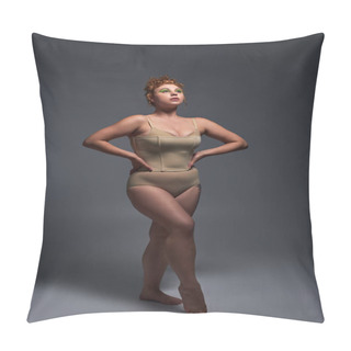 Personality  Full Length Of Young Plus Size Model With Curvy Body In Beige Underwear On Dark Grey Backdrop Pillow Covers
