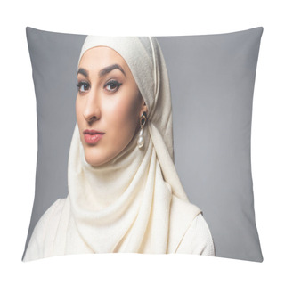 Personality  Portrait Of Beautiful Young Muslim Woman Looking At Camera Isolated On Grey Pillow Covers