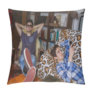 Personality  Young Man Looking Smartphone Lying And Friend Relaxing In Rocking Chair Pillow Covers