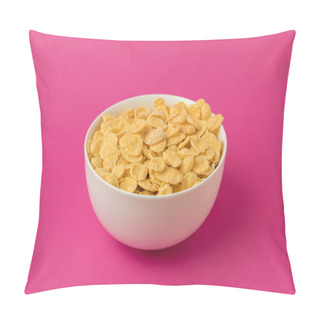 Personality  Close-up View Of White Bowl With Sweet Tasty Corn Flakes Isolated On Pink  Pillow Covers
