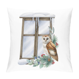 Personality  Barn Owl On A Snowy Window. Winter Floral Arrangement. Barn Owl By The Window With Snow, Pine Branches, Eucalyptus And Forest Berries Decor. Winter Rustic Cozy Decoration Pillow Covers