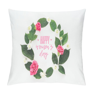 Personality  Top View Of Circular Composition With Green Leaves, Roses And Chrysanthemums Isolated On White Pillow Covers