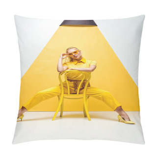 Personality  Blonde Woman Touching Sunglasses And Sitting On Chair On White And Yellow  Pillow Covers