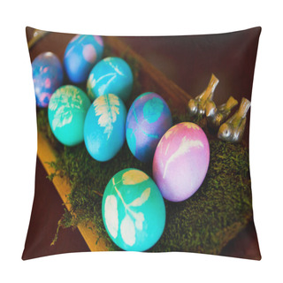 Personality  Vibrant Easter Eggs Dyed In Shades Of Blue And Purple, Adorned With Leaf Patterns, Set On A Rustic Wooden Tray With Green Moss. Small Bird Figurines Add A Touch Of Springtime Joy. Celebrate Tradition. Pillow Covers