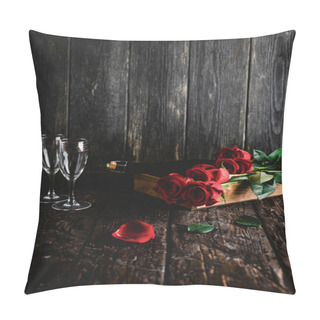 Personality  Red Roses And Champagne Bottle And Glasses On Tray, Valentines Day Concept Pillow Covers