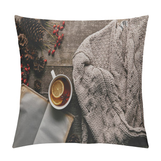 Personality  Flat Lay With Red Holly Berries, Blank Notebook, Cup Of Tea And Knitted Sweater On Wooden Tabletop Pillow Covers
