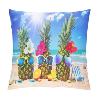 Personality  Attractive Pineapples In Stylish Sunglasses On The Sand Against Turquoise Sea. Tropical Summer Vacation Concept Pillow Covers