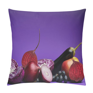 Personality  Close-up View Of Sliced Cabbage, Onions, Beetroot, Grapes, Apple And Eggplant On Purple  Pillow Covers