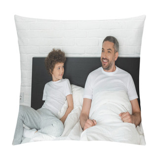 Personality  Curly Boy Looking At Bearded Father In Bedroom  Pillow Covers