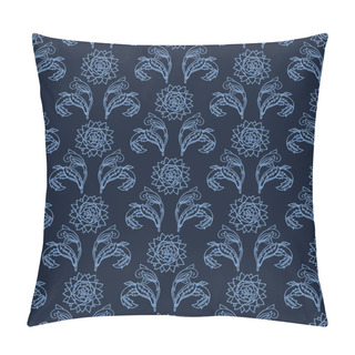 Personality  Indigo Blue Flower Motif Japanese Style. Pattern. Hand Drawn Dyed Floral Damask Textiles. Decorative Art Nouveaux Home Decor. Modernist Trendy Monochrome All Over Print. Seamless Vector. Pillow Covers
