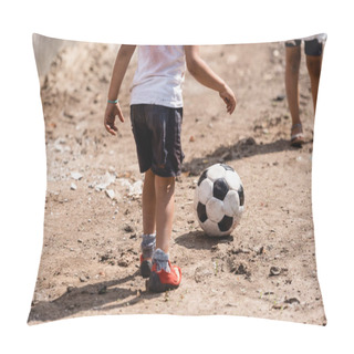 Personality  Cropped View Of Poor African American Boy Playing Football Near Sister On Dirty Road In Slum  Pillow Covers