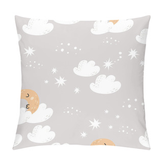 Personality  Seamless Pattern With Cute Moon, Stars And Clouds. Cartoon Design For Clothing, Nursery Wall Art, Baby Bedding And Card. Pillow Covers