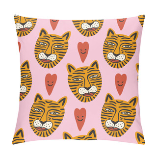 Personality  Doodle Tigers Faces Childish Cartoon Groovy Boho Seamless Pattern Vector Drawing  Pillow Covers