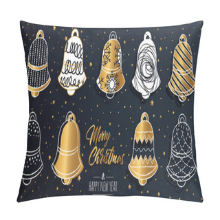 Personality  Merry Christmas Greeting Card Set With Golden Text Elements And Modern Hand Drawn Bells. Vector Illustration Pillow Covers