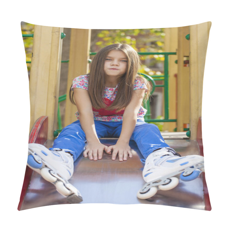 Personality  Portrait Of Little Girl Sits On A Playground In Roller Skates Pillow Covers