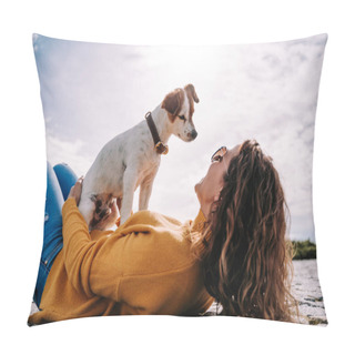 Personality  A Beautiful Little Dog Sitting On Its Owner Looking At Her Face. The Woman Is Lying Down In The Park In A Sunny Day In Madrid. Family Dog Outdoor Lifestyle Pillow Covers