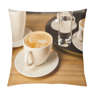Personality  Selective Focus Of Saucers With Cups Of Tasty Coffee In Cafe  Pillow Covers