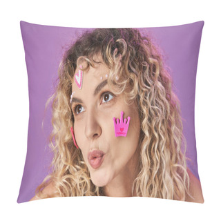 Personality  Portrait Of Amazed Attractive Woman With Blonde Curly Hair And Bright Face Stickers Looking Away Pillow Covers