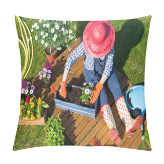 Personality  Woman Potting Osteospermum Flowers. Pillow Covers