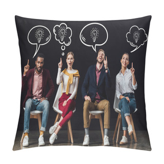 Personality  Multiethnic Group Of People Sitting On Chairs And Showing Idea Gestures With Light Bulbs Icons In Speech And Thought Bubbles Above Heads Isolated On Black Pillow Covers