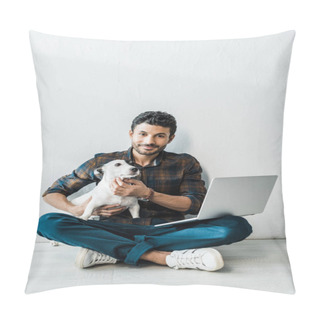 Personality  Handsome And Smiling Bi-racial Man With Laptop Holding Jack Russell Terrier Pillow Covers