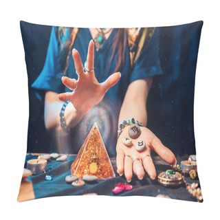 Personality  Astrology And Magic. A Fortune Teller Holds Stones With The Sign Of The Zodiac In Her Hands And Conjures A Magic Pyramid. Close Up. The Concept Of Horoscopes And Stories. Pillow Covers