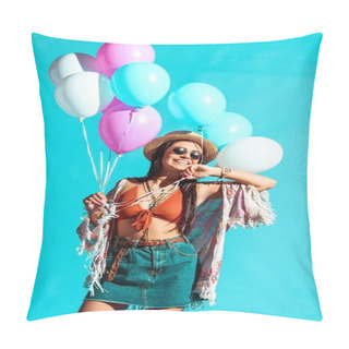 Personality  Hippie Woman Holding Colored Balloons  Pillow Covers