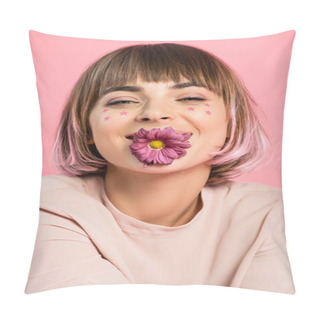 Personality  Trendy Woman Posing With Flower In Mouth Pillow Covers