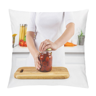 Personality  Cropped Image Of Woman Opening Glass Jar With Preserved Tomatoes In Light Kitchen Pillow Covers