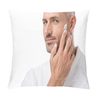 Personality  Adult Handsome Man In Bathrobe Applying Beauty Cream On Face Isolated On White Pillow Covers