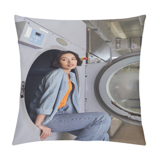 Personality  Young Brunette Asian Woman Sitting On Washing Machine In Public Laundry Pillow Covers