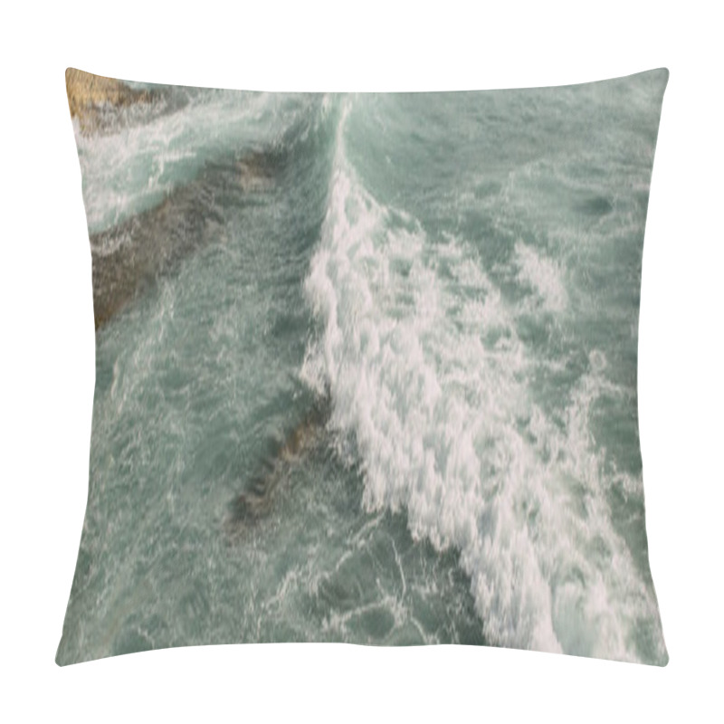Personality  Panoramic Shot Of White Foam In Blue Water Of Mediterranean Sea  Pillow Covers