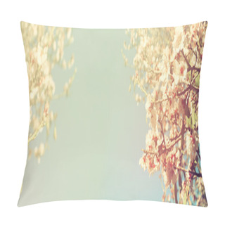 Personality  Abstract Blurred Website Banner Background Of Of Spring White Cherry Blossoms Tree. Selective Focus. Vintage Filtered Pillow Covers