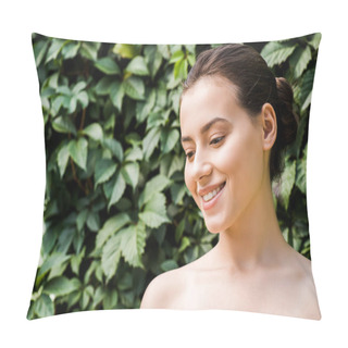 Personality  Smiling Young Woman With Green Leaves At Background  Pillow Covers