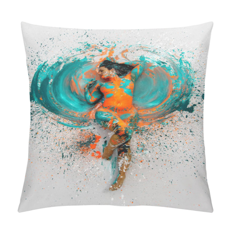 Personality  Top View To Expressive Sexy Naked Woman Lying Elegant On The Floor In Turquoise Blue Orange Color Abstractly Painted Bodypainting Woman On The Splashed Ground, Copy Space Pillow Covers