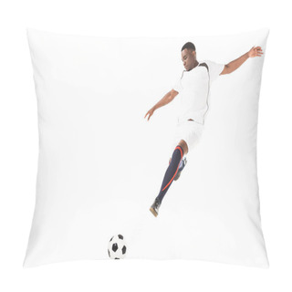 Personality  Young African American Soccer Player Kicking Ball In Jump Isolated On White  Pillow Covers