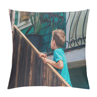 Personality  Copy Space Lifestyle Little Boy Move Climb Wood Stairs Up Outside Hold Handrails, Look For Up Facial Expression, Play Hide Seek, Concept Carefully Search New Expectations, Education Children Goods Pillow Covers