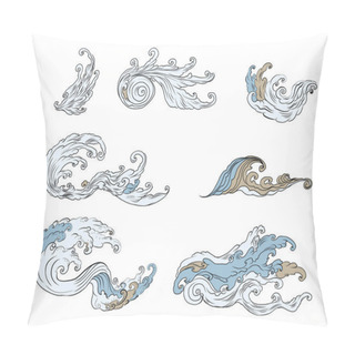 Personality  Line Thai Wave Tattoo.Japanese Wave Vector Set And Thai Style.Outline Japanese Wave Dawn From Line Thai Style.Thai Water Wave Isolate On White Background. Pillow Covers