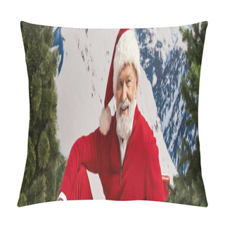 Personality  Cheerful Man Dressed As Santa Claus In Christmassy Hat With Snowy Backdrop, Winter Concept, Banner Pillow Covers