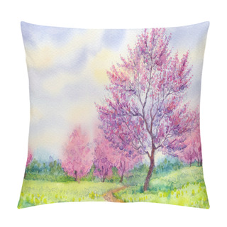 Personality  Watercolor Spring Landscape. Flowering Tree In A Field Pillow Covers