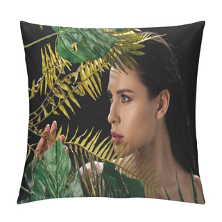 Personality  Portrait Of Concentrated Woman Touching Leaves Isolated On Black Pillow Covers