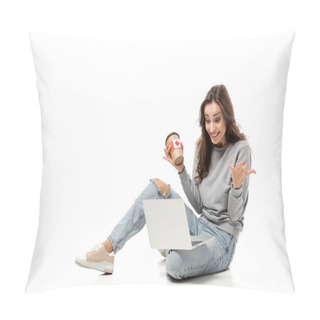 Personality  Surprised Woman Using Laptop And Holding Coffee Cup With Canadian Flag Sticker Isolated On White Pillow Covers
