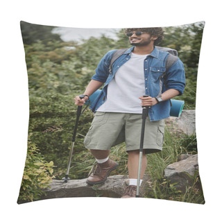 Personality  Happy Indian Hiker In Sunglasses Holding Hiking Sticks And Walking With Backpack During Trekking Pillow Covers