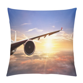 Personality  Wing Of Airplane Flying Above Clouds In Sunset Light Pillow Covers