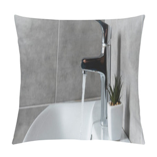 Personality  Panoramic Shot Of Flowing Water From Sink To Washbasin With Plant In Restroom Pillow Covers