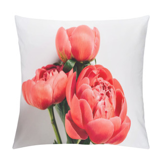 Personality  Top View Of Pink Peonies With Green Leaves On White Background Pillow Covers