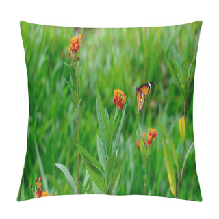 Personality  Blurry Flying Plain Tiger Or African Monarch Butterfly (Danaus Chrysippus) In Yellow And Red Flower Habitat Background. Beautiful Butterfly Portrait Backround Pillow Covers