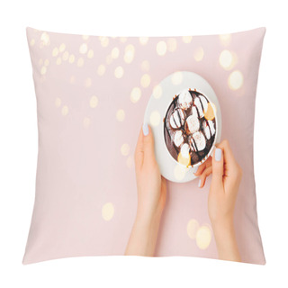 Personality  Woman's Hands  Holding Cup Of Coffee On Pale Pink Background.   Flat Lay, Top View Pillow Covers