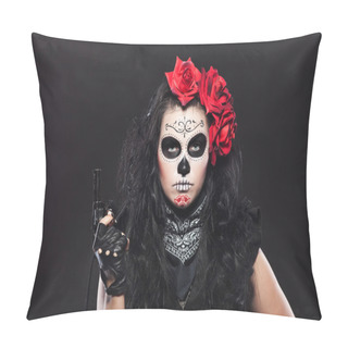 Personality  Serious Woman In Day Of The Dead Mask With Gun Pillow Covers