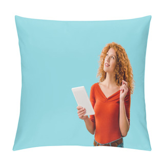 Personality  Beautiful Dreamy Woman Using Digital Tablet Isolated On Blue Pillow Covers